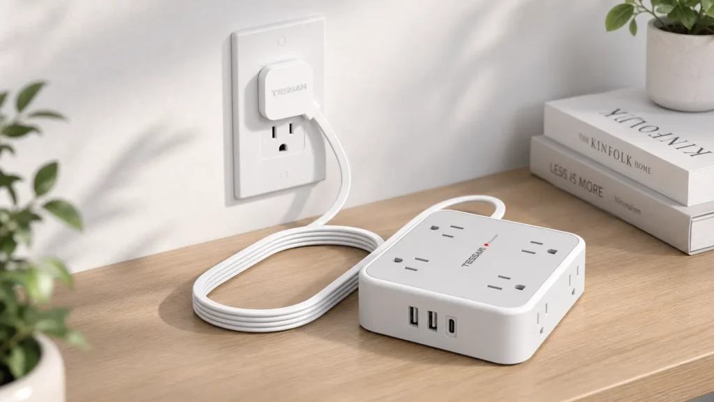 TESSAN ultra thin flat plug power strip fitting into a narrow gap behind dorm furniture