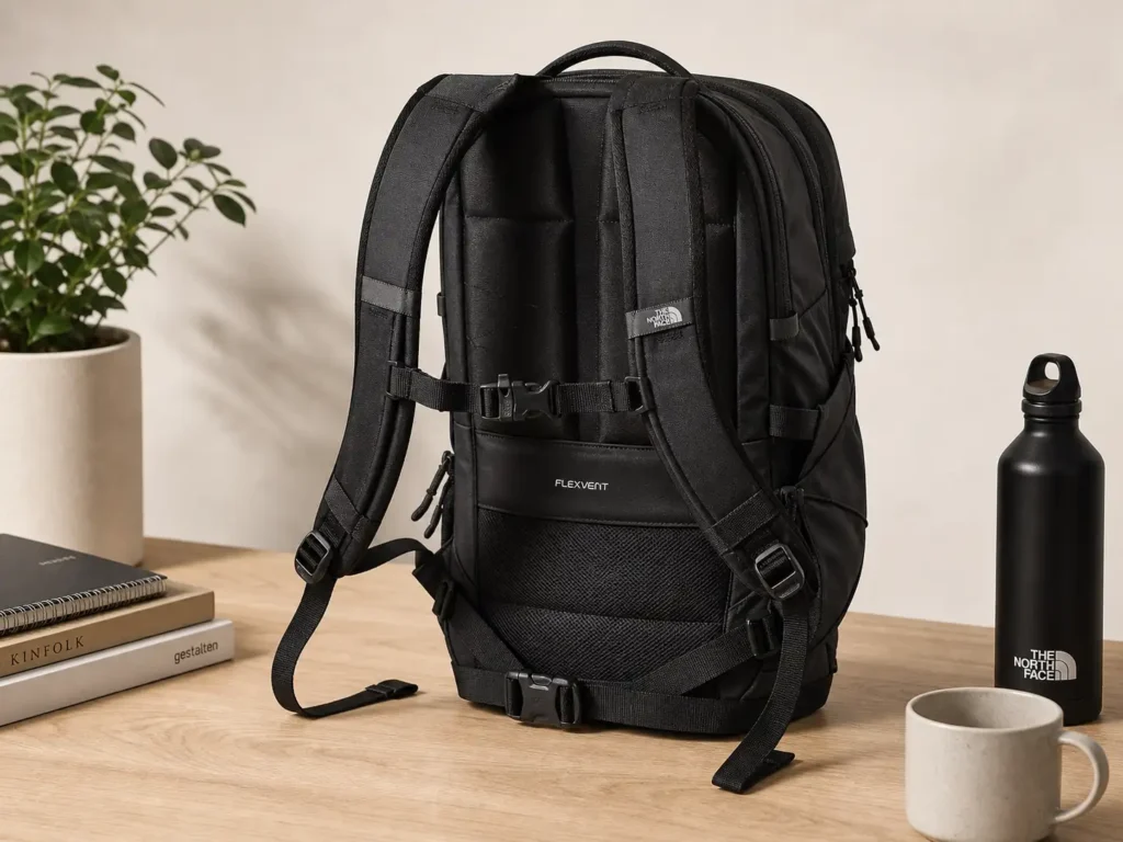The North Face Borealis Backpack displayed on a wooden desk showing its padded FlexVent back panel and shoulder straps