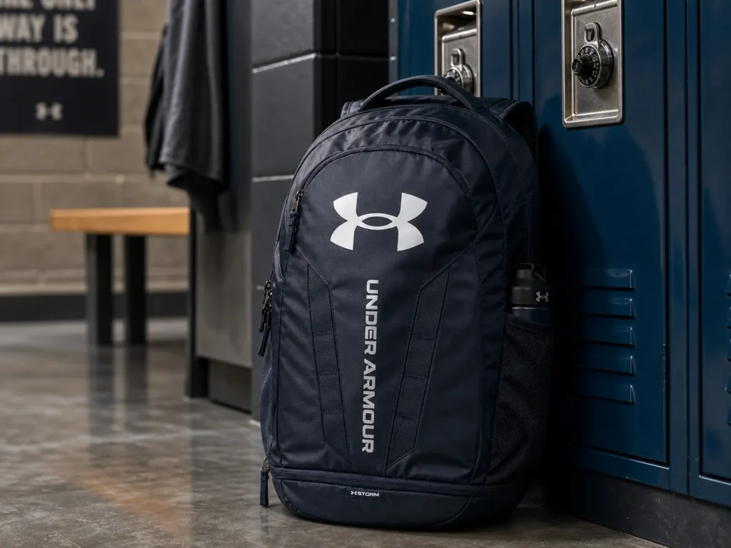 Under Armour Hustle 5.0 Backpack in black showing padded back panel and water-resistant finish