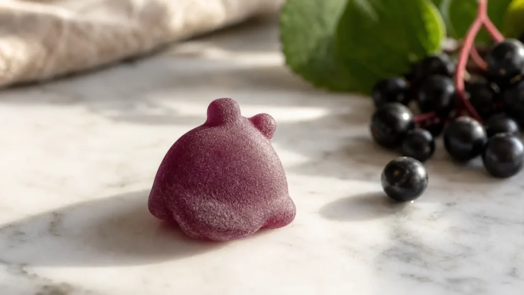 Close up of Zarbee's elderberry gummies for picky toddlers