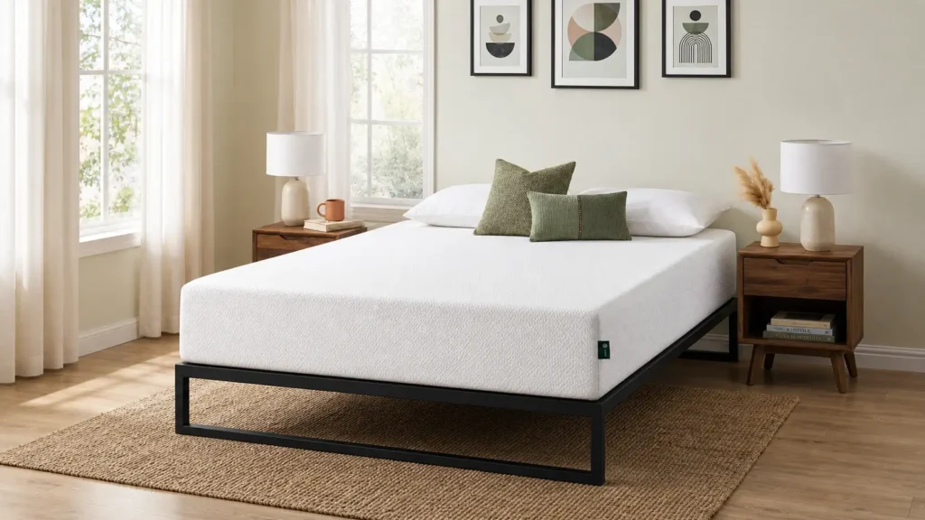 A fully expanded Zinus 12 Inch Green Tea mattress set up on a platform bed frame. 
