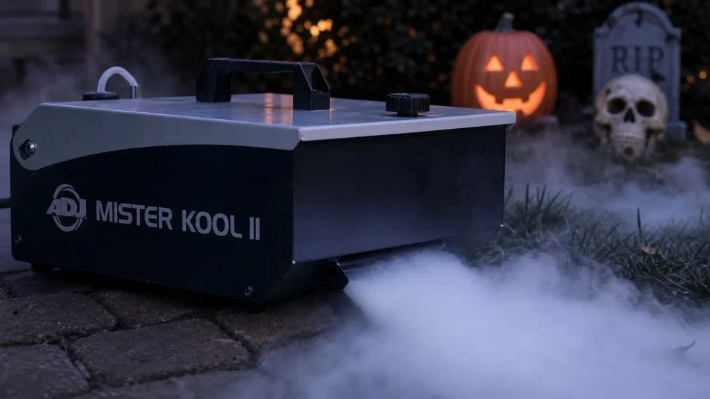 ADJ Mister Kool II low-lying fog machine releasing dense chilled fog across grass