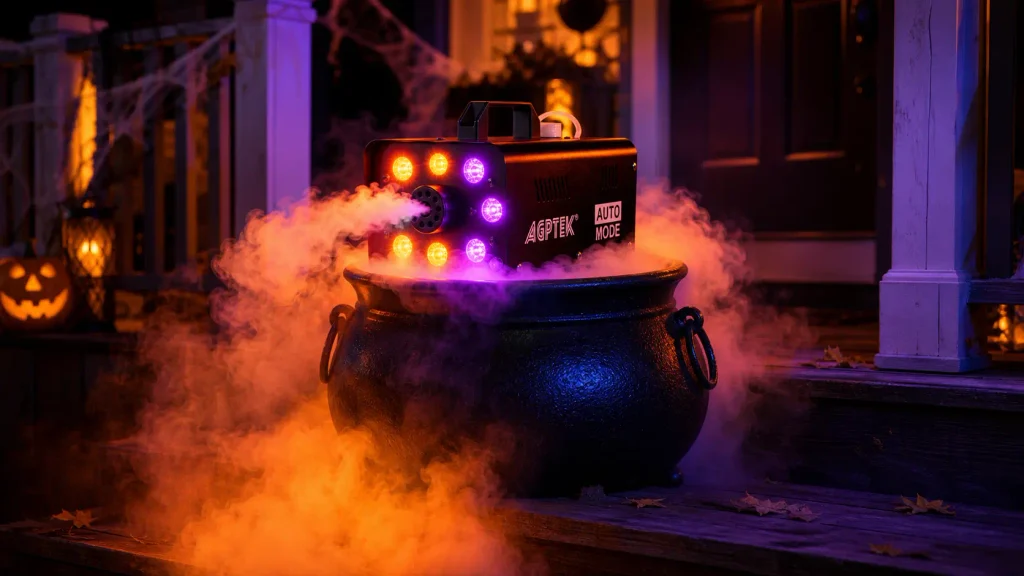 AGPTEK 500W fog machine with built-in LED lighting illuminating mist around porch steps