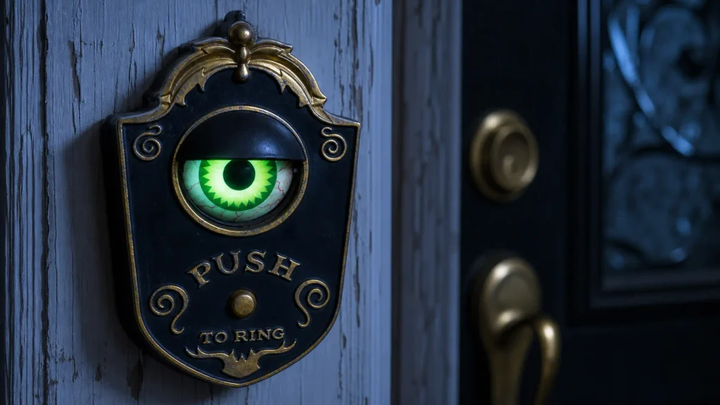Glowing green animated eyeball doorbell mounted on a white doorframe for trick-or-treaters.