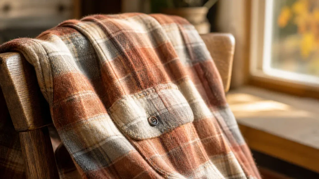 Close up detail of the soft brushed fabric on the AUTOMET women's plaid shacket showing the autumn rust pattern