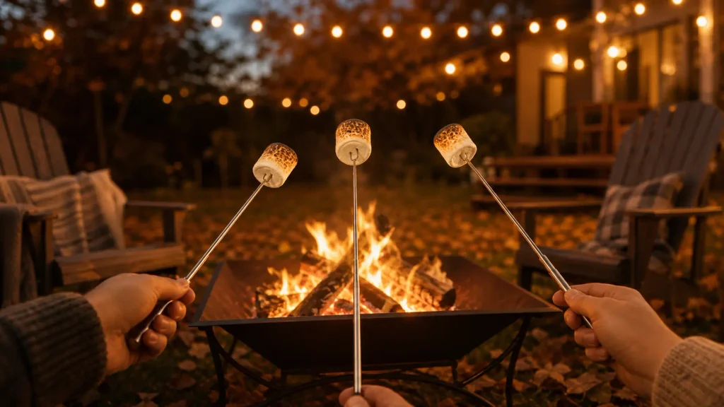 Family roasting marshmallows using the best telescoping smores skewers for fire pit setup