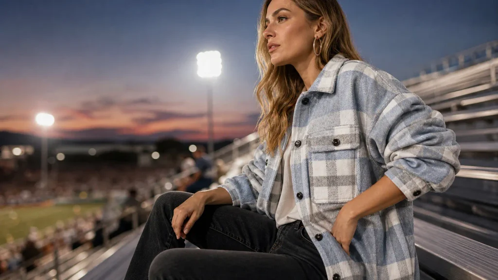 Woman wearing the structured Beaully flannel shacket staying warm at an autumn outdoor football game