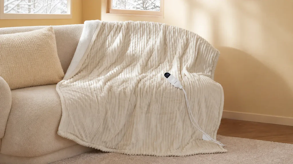 A stylish Bedsure ribbed flannel electric throw blanket elegantly draped in a modern room. 