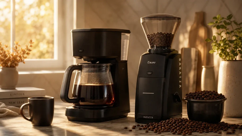 A stylish home coffee brewing setup showing exactly why you need to upgrade to a burr grinder for a better morning cup.