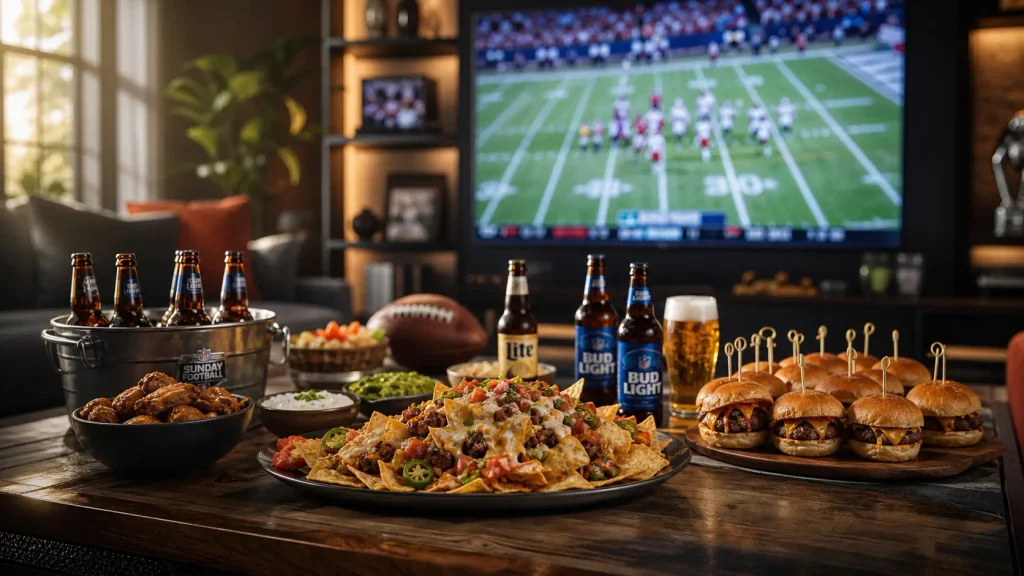 A fully loaded coffee table featuring the best football themed serving platters for a Sunday watch party.