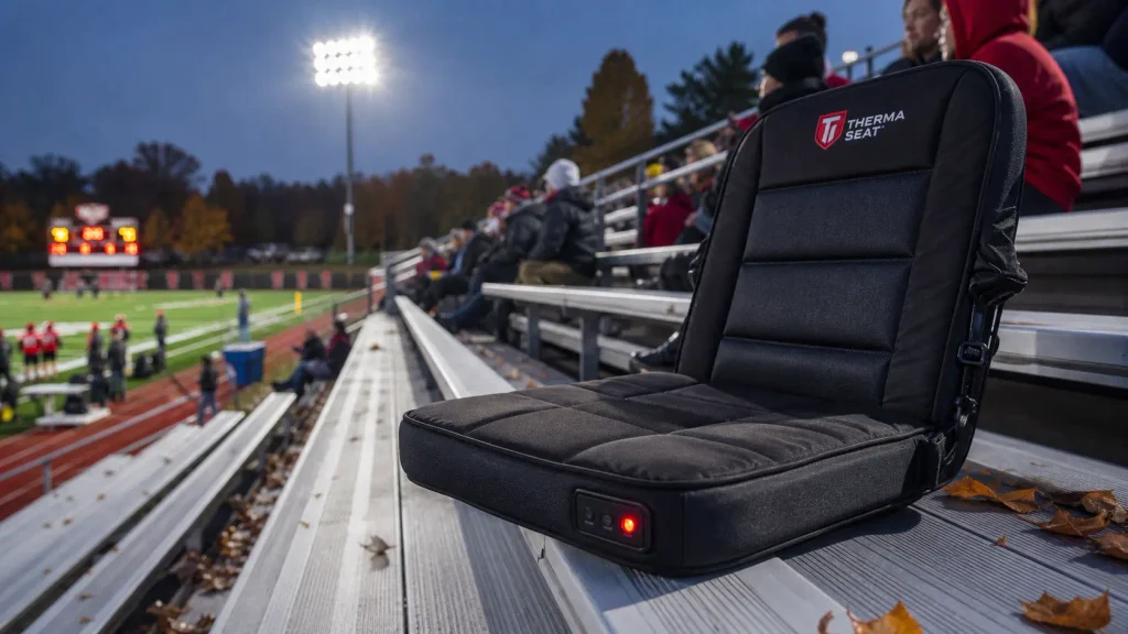 Padded heated stadium seats with back support resting on outdoor bleachers