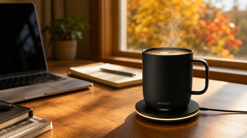 A matte black Ember smart mug demonstrating how to keep coffee hot at desk during autumn.