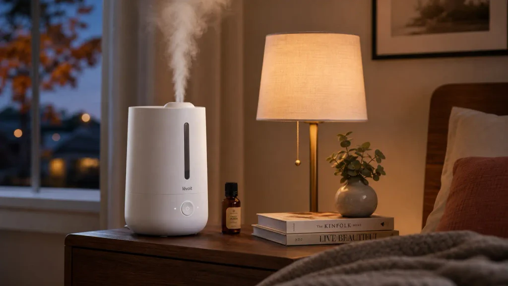 A top-fill ultrasonic cool mist humidifier operating on a wooden bedside table beside an essential oil bottle.