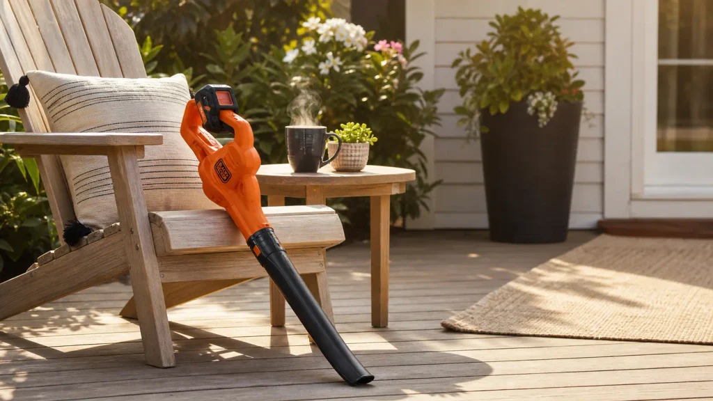 The ultra-lightweight BLACK+DECKER 20V MAX cordless sweeper resting on a clean wooden patio deck next to a coffee cup.