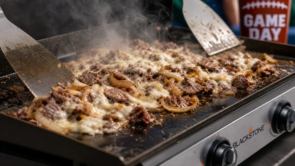 Sizzling cheesesteaks and peppers cooking on a Blackstone 22-Inch tabletop portable griddle