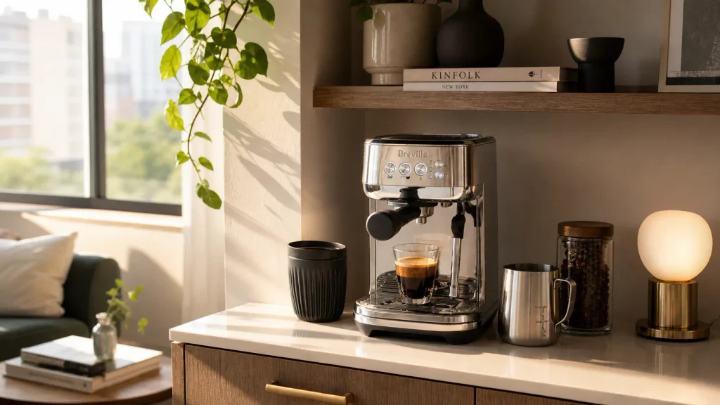 The compact Breville Bambino Plus espresso machine sitting in a small, well-decorated apartment coffee station.