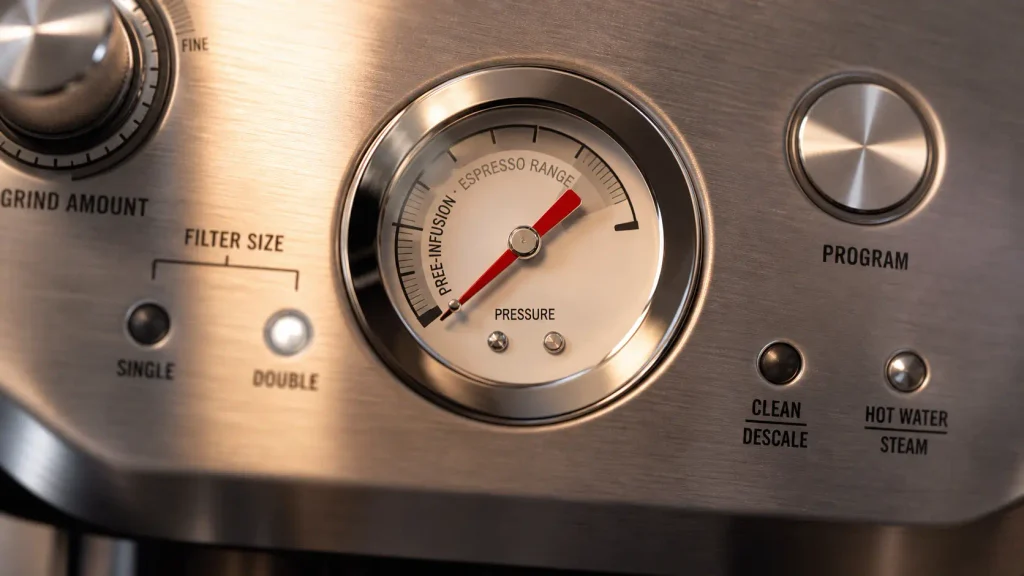 A close up view of the analog pressure gauge on the front of the Breville Barista Express espresso machine. 