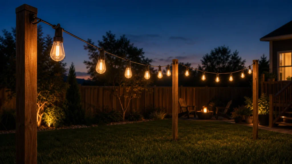 Vintage solar outdoor string lights casting a warm amber glow over a backyard patio and lawn at dusk