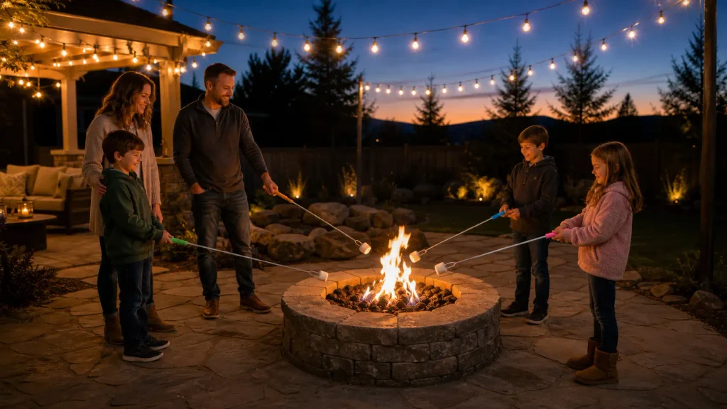 Children using 45 inch Briout extra long marshmallow skewers to stay safely away from a backyard fire pit.