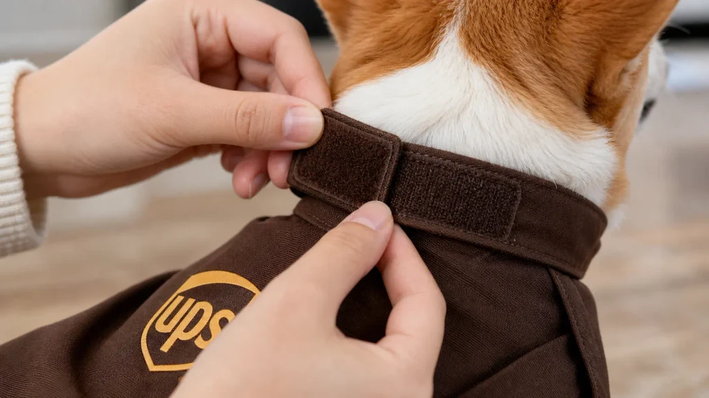 Hands fastening the chest strap and mini package on the California Costumes UPS Pal Pet Costume