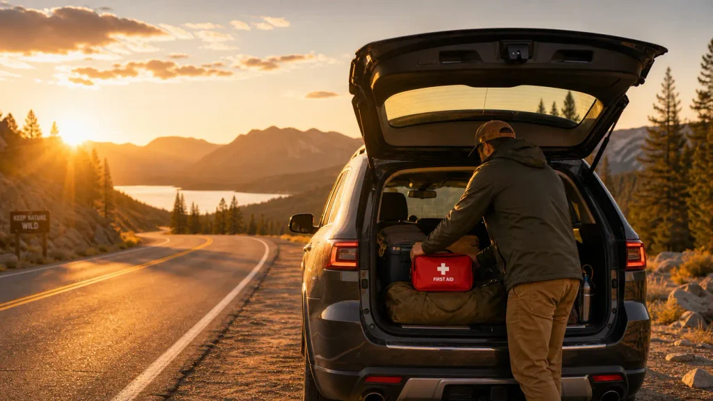 A well-prepared vehicle trunk on a scenic highway featuring a prominent red first aid kit for roadside emergencies.
