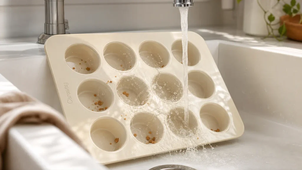 Rinsing baked-on batter off a Caraway non-stick ceramic muffin pan purely with running water