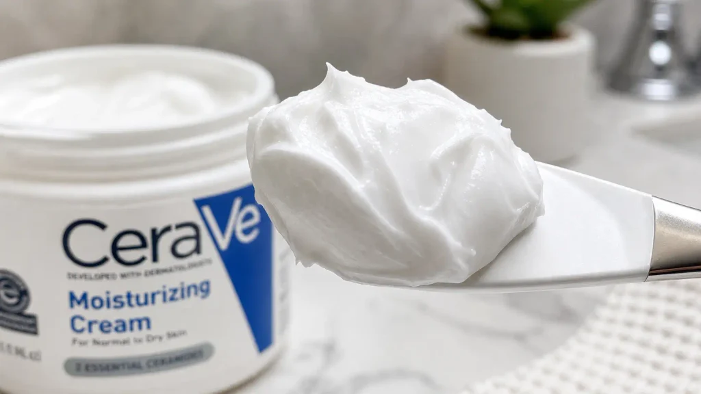 Close up of CeraVe moisturizing cream on a spatula, highlighting its thick, non-greasy consistency.