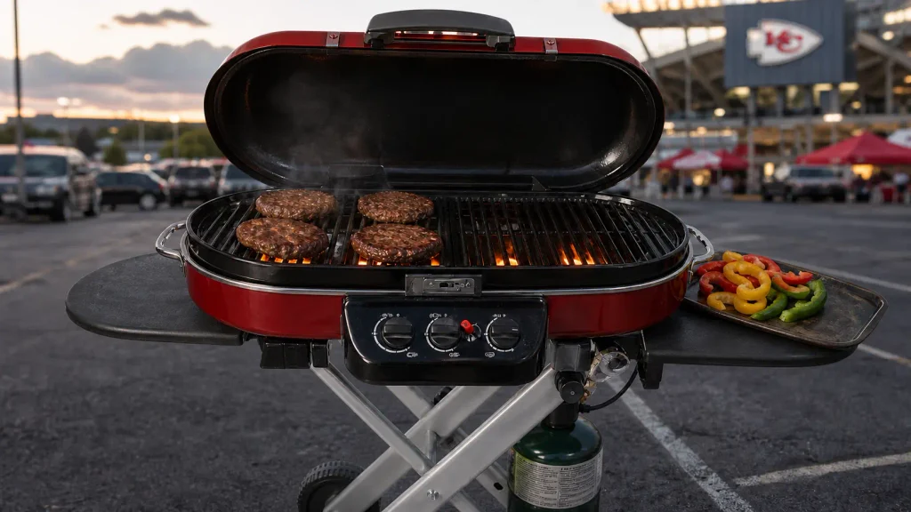 Coleman RoadTrip 285 portable propane grill cooking burgers with three independent burner controls
