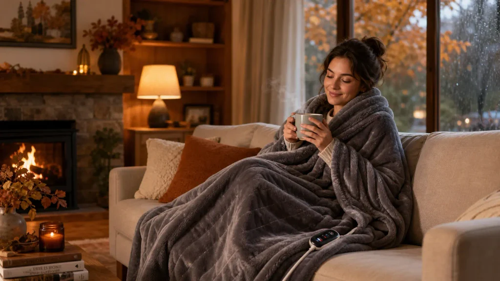 A cozy living room setup showing how to save money with heated blanket throws during a chilly autumn evening