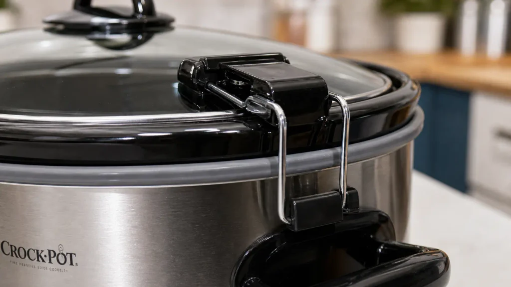 Close-up shot of the heavy chrome locking latch and silicone gasket on the Crock-Pot Cook and Carry slow cooker