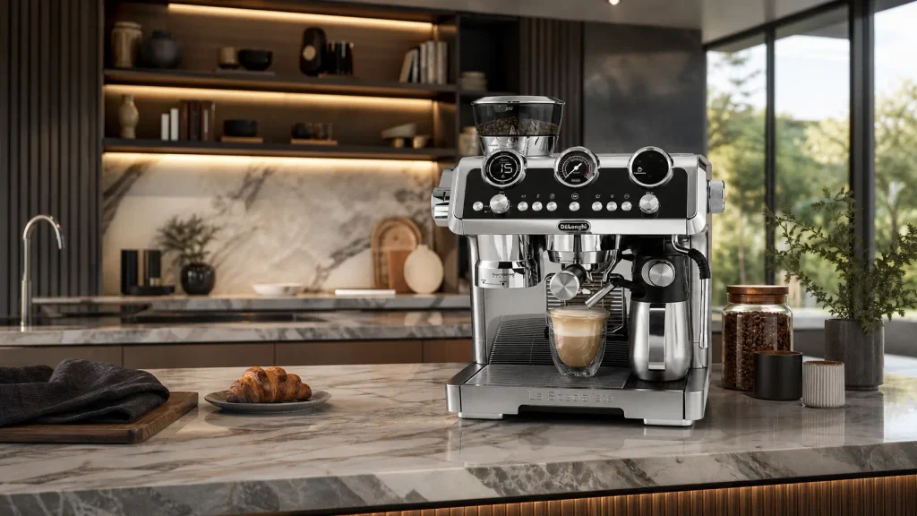 The DeLonghi La Specialista Maestro espresso machine displayed on a marble countertop in a modern luxury kitchen. 