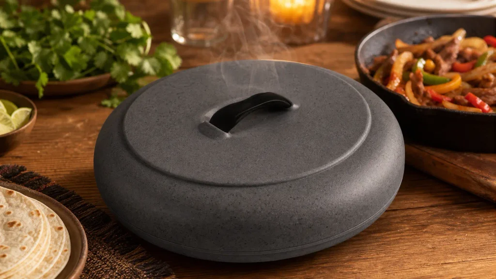 A Dexas insulated tortilla warmer sitting on a set dining table next to fresh taco ingredients.