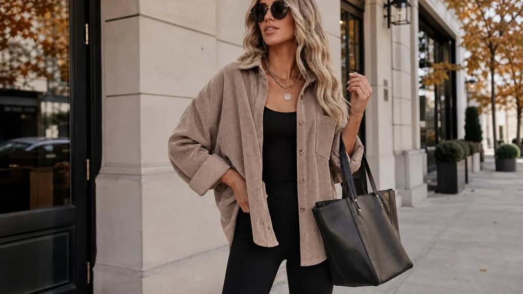 Woman styling a minimalist solid khaki Dokotoo corduroy shacket with black leggings for an elevated casual fall outfit
