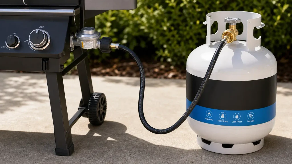 DOZYANT 4-Foot propane adapter hose connecting a portable tailgate grill to a 20lb propane tank