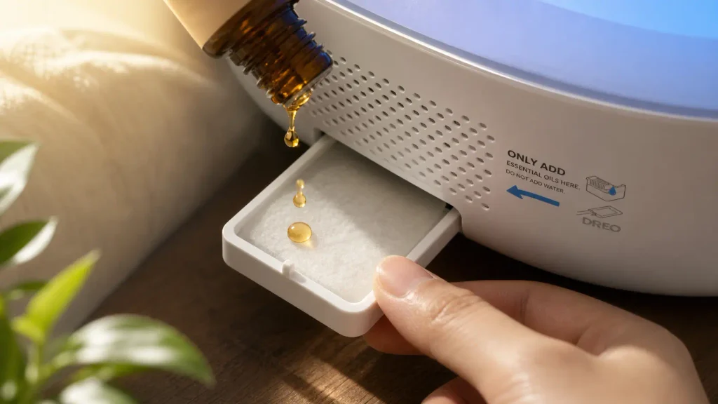 Adding drops of essential oil to the slide-out aroma tray on a Dreo HM311S cool mist humidifier.