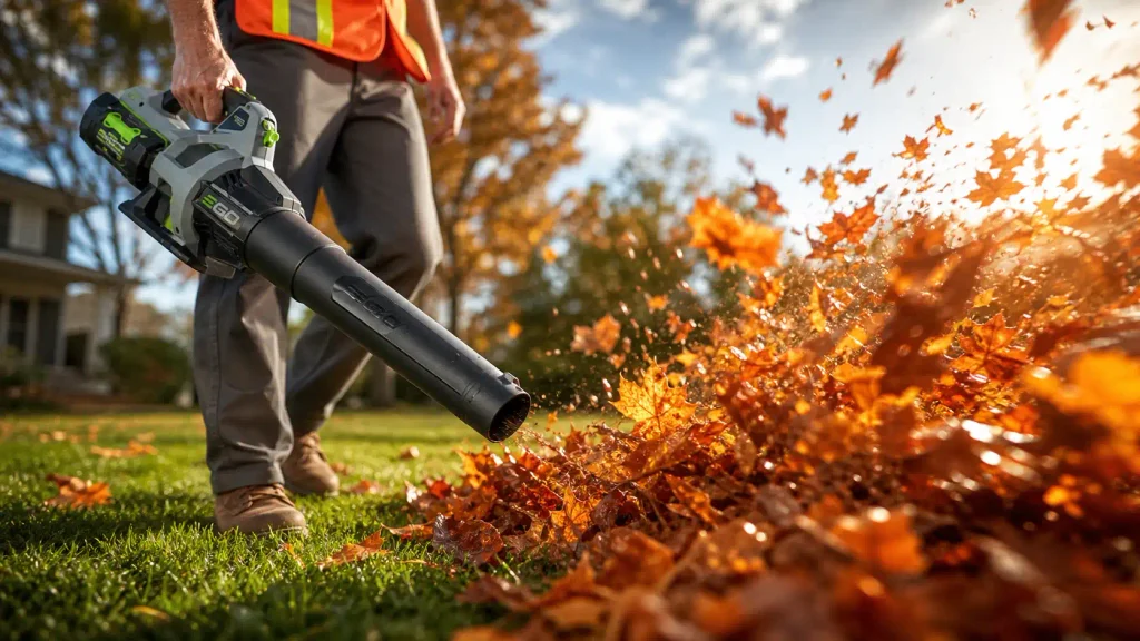 The EGO Power+ 56V cordless leaf blower clearing heavy wet leaves from a suburban yard.