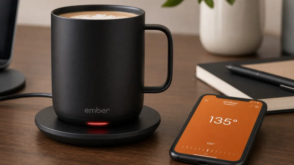 A matte black Ember Temperature Control Smart Mug 2 glowing on its charging coaster next to a smartphone.