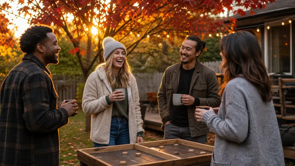 Friends playing fall backyard games for adults in a cozy autumn yard