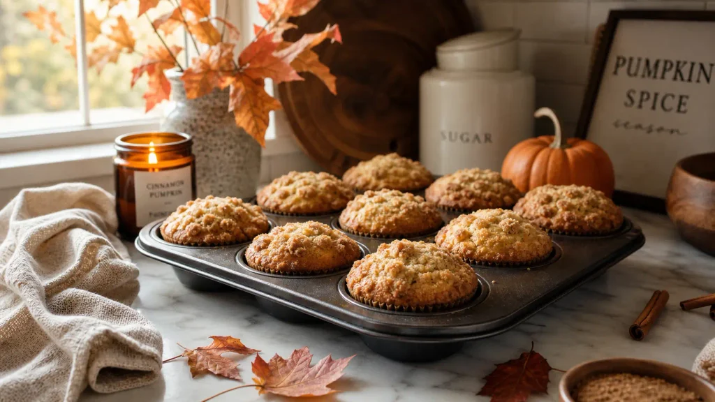 Freshly baked pumpkin spice muffins resting in the best muffin pan for sticky batter on a kitchen counter