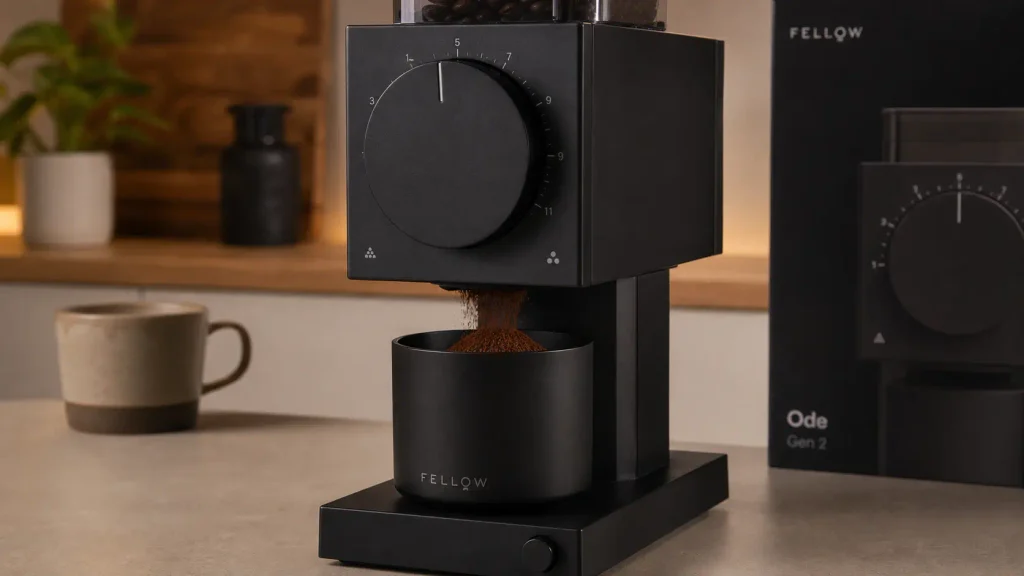 Fellow Ode Brew Grinder Gen 2 dispensing uniform flat-burr coffee grounds into its cup with zero static mess on the counter. 