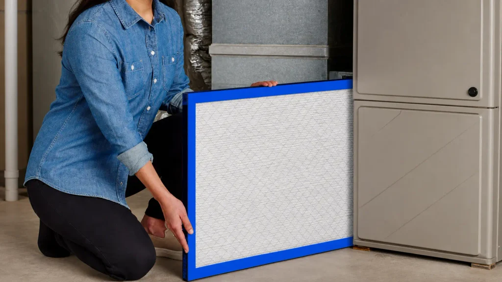 Clean pleated furnace air filter being installed into an HVAC return slot for autumn heating maintenance