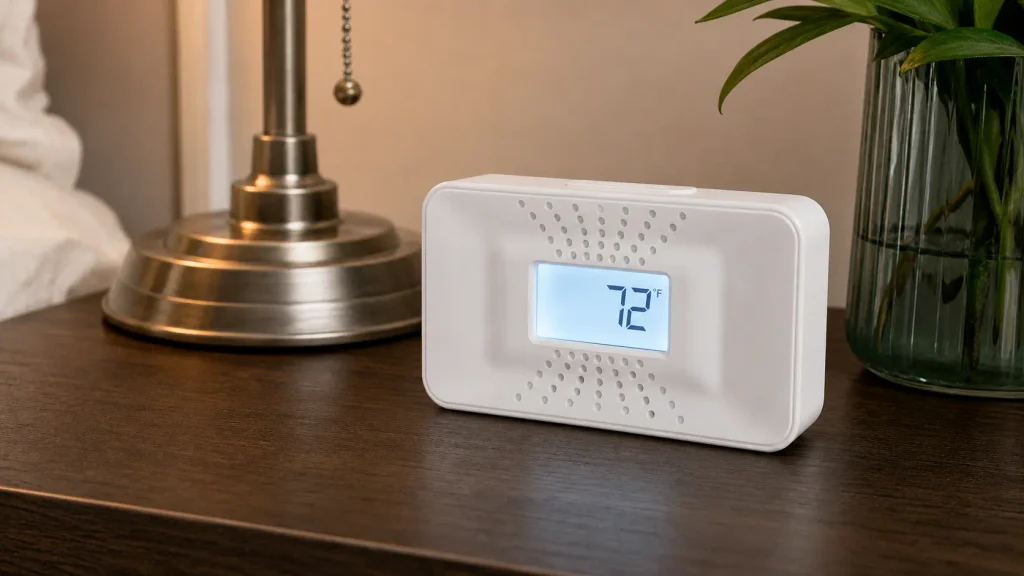 First Alert CO710 carbon monoxide alarm with digital temperature display resting on a bedside table