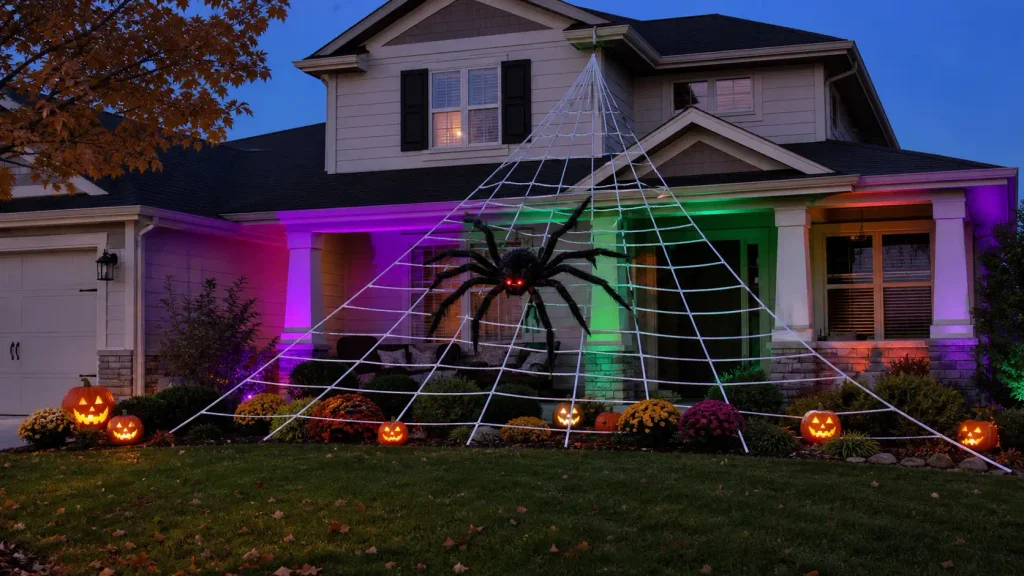 Giant 5-foot spider mounted on a 200-inch triangular web anchored from gutter to lawn on an American suburban home.