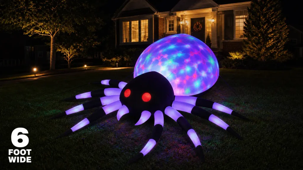GOOSH 6 ft width inflatable Halloween spider illuminated with internal rotating kaleidoscope lights on an outdoor lawn.