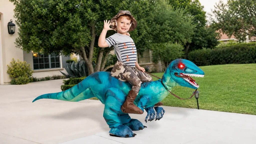 A child wearing the GOOSH riding T-Rex inflatable costume, showing the free movement of the legs.