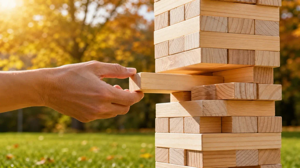 Close up view of hands pulling a wooden block from a giant toppling tower on a backyard lawn