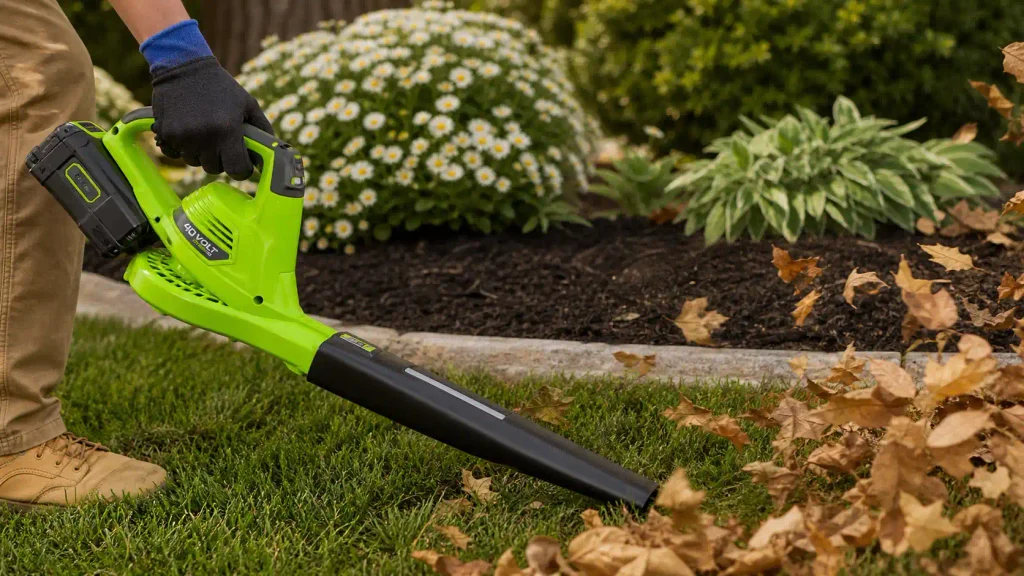 Using the Greenworks 40V cordless leaf blower on a low speed setting to gently clear leaves from a delicate mulch garden bed.