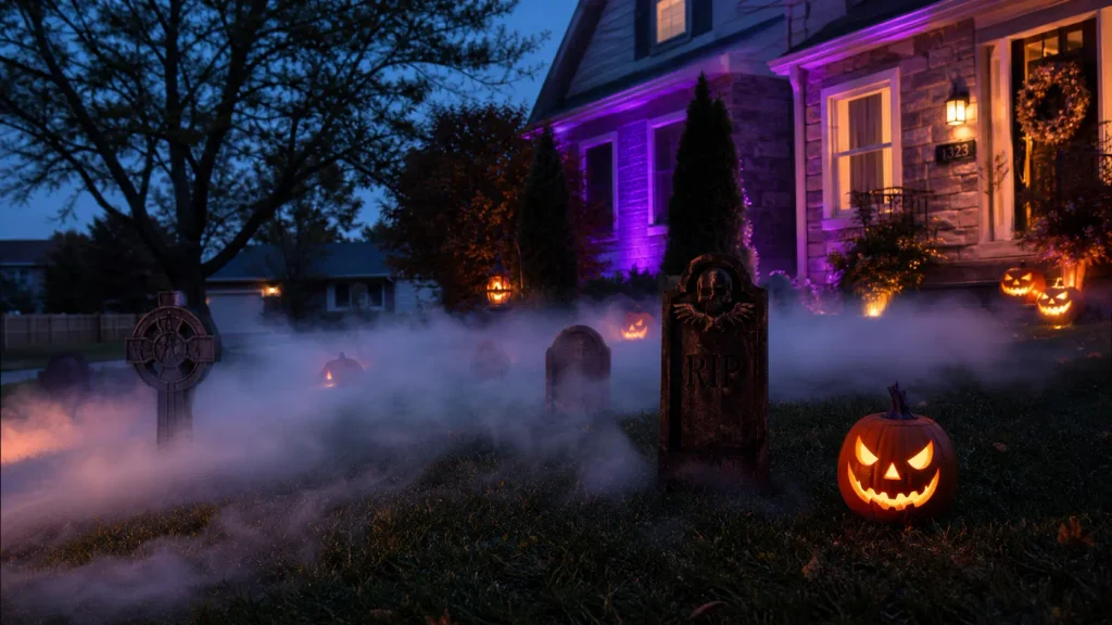 A spooky yard display featuring the best ground fog machine for Halloween