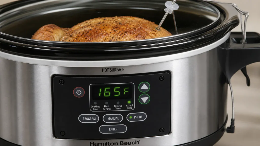 Stainless steel temperature probe inserted into a roast chicken inside the Hamilton Beach Set and Forget slow cooker