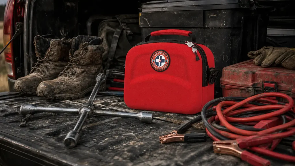 The Be Smart Get Prepared hard case first aid kit surviving perfectly in a messy vehicle trunk alongside heavy tools.